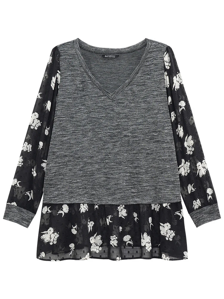 Rib Knit Plants Print Mesh T-shirt - Image 6