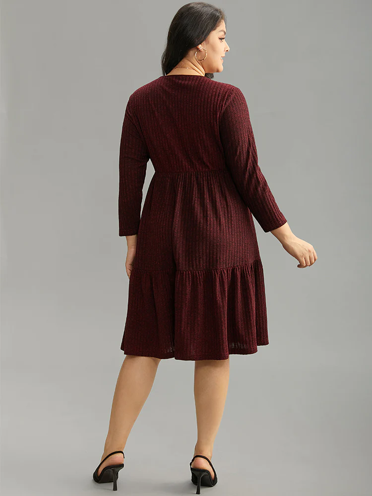 Rib Knit Round Neck Ruffle Layered Hem Dress - Image 2