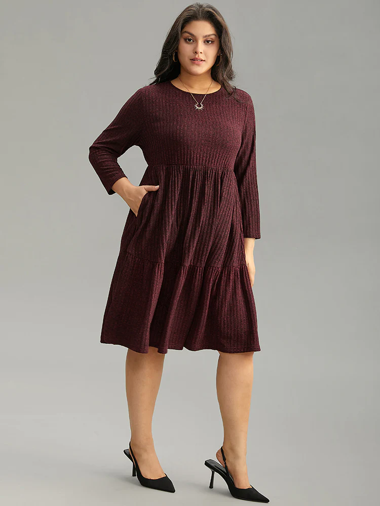 Rib Knit Round Neck Ruffle Layered Hem Dress - Image 3