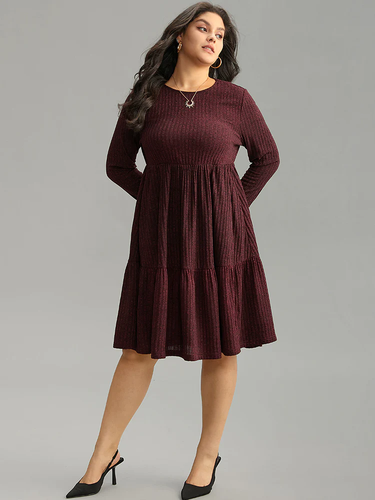 Rib Knit Round Neck Ruffle Layered Hem Dress - Image 4