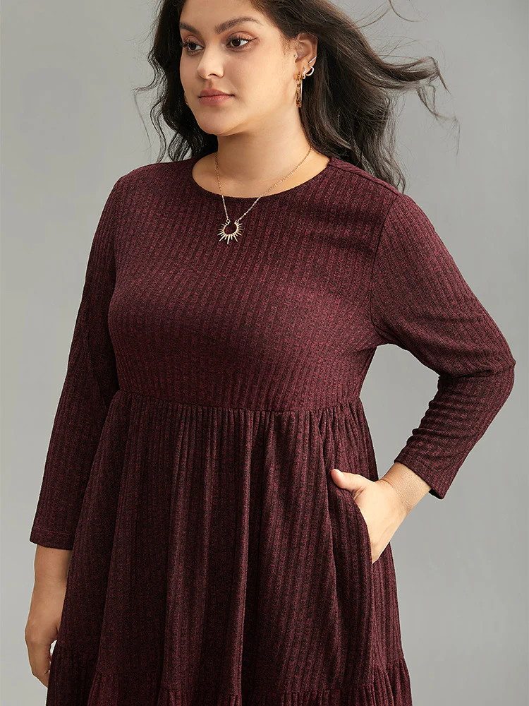 Rib Knit Round Neck Ruffle Layered Hem Dress - Image 5