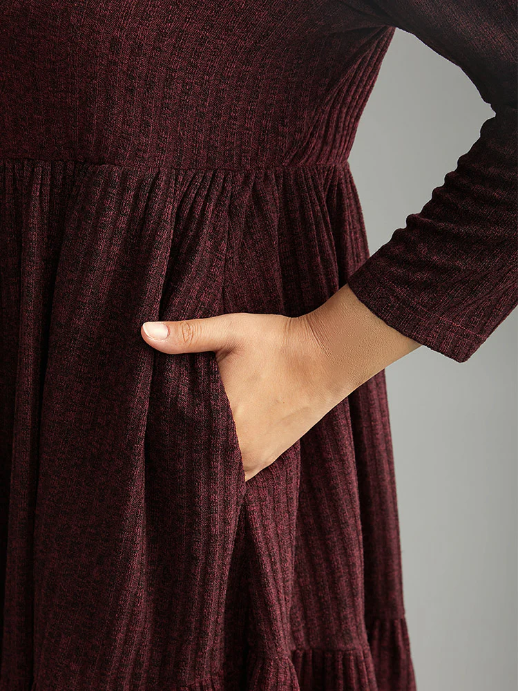 Rib Knit Round Neck Ruffle Layered Hem Dress - Image 6