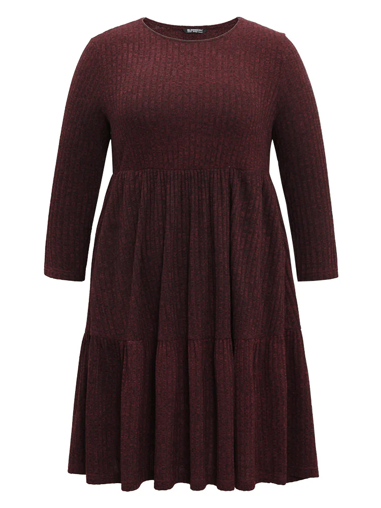 Rib Knit Round Neck Ruffle Layered Hem Dress - Image 7