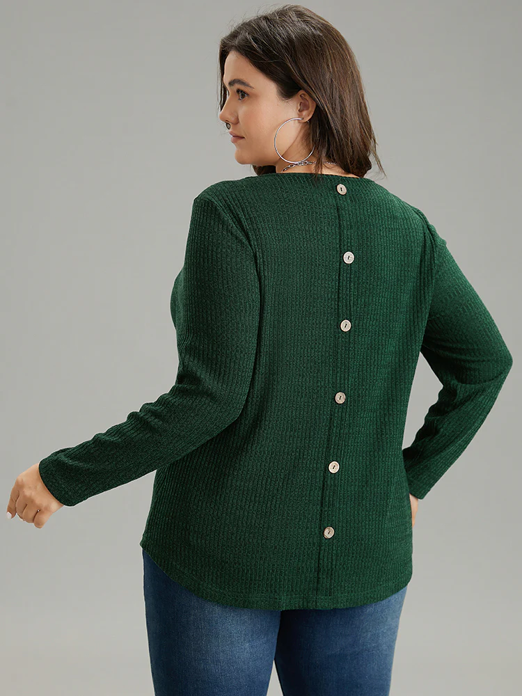 Rib Knit Solid Crew Neck Button Detail T-shirt