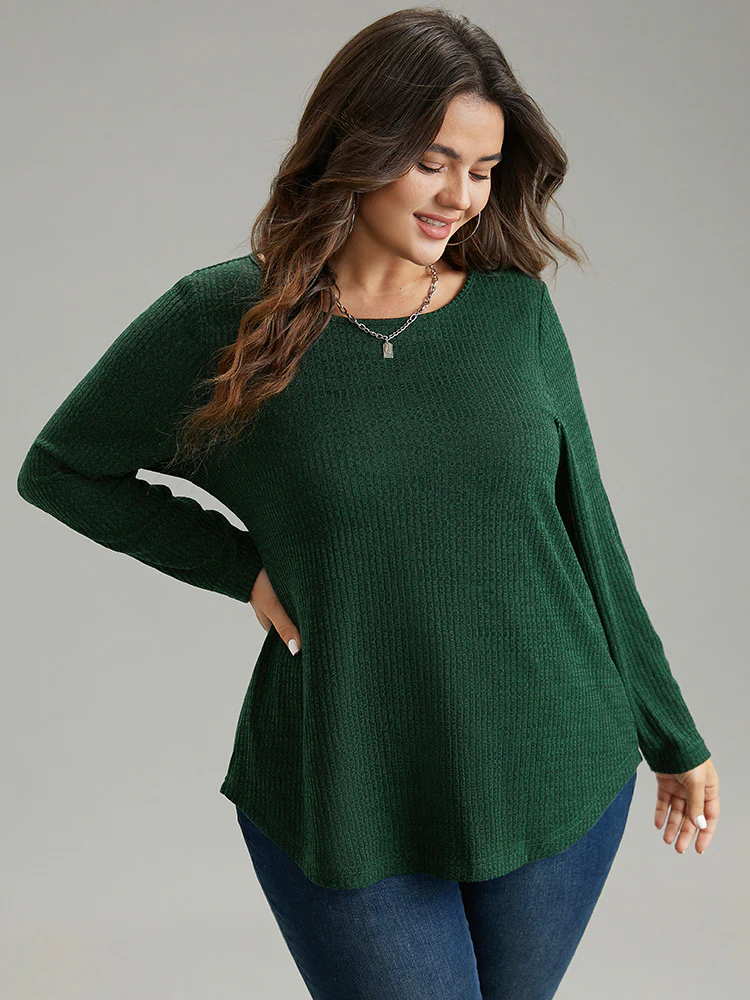 Rib Knit Solid Crew Neck Button Detail T-shirt - Image 2