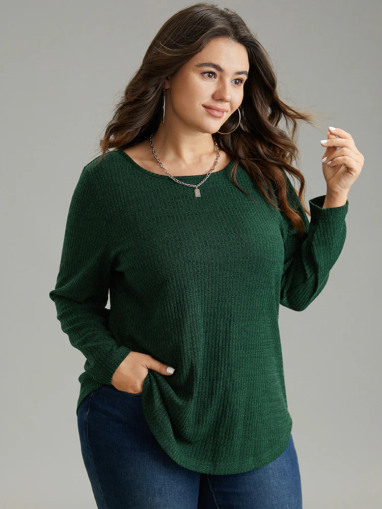 Rib Knit Solid Crew Neck Button Detail T-shirt - Image 3