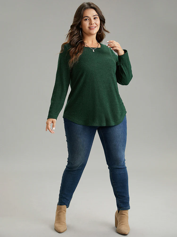 Rib Knit Solid Crew Neck Button Detail T-shirt - Image 4