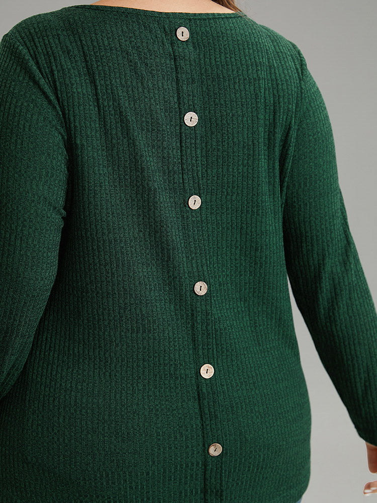 Rib Knit Solid Crew Neck Button Detail T-shirt - Image 5