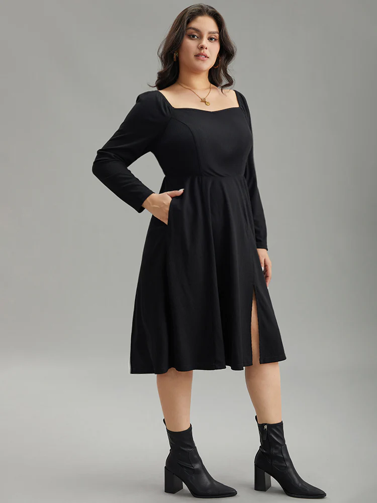 Rib Knit Split Side Square Neck Dress - Image 3