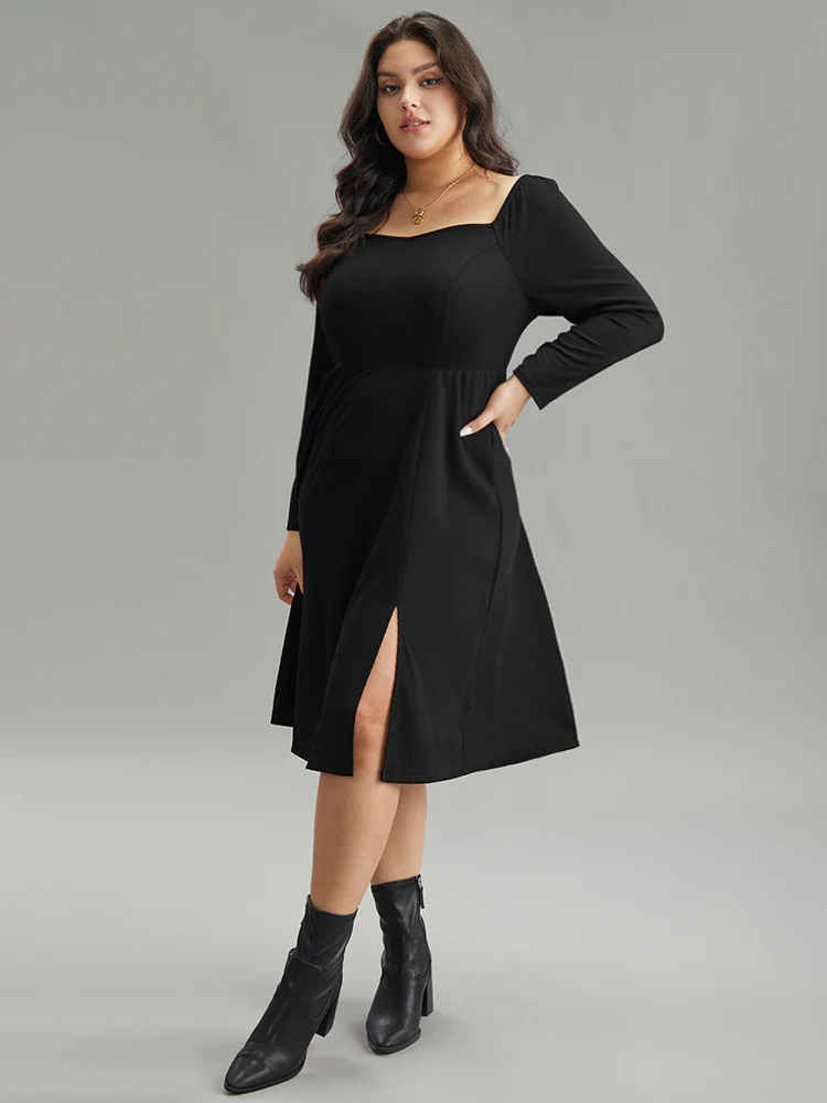 Rib Knit Split Side Square Neck Dress - Image 4