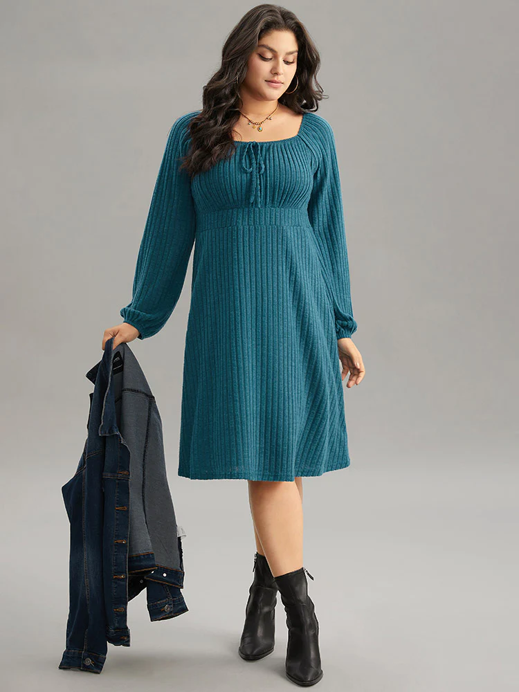 Rib Knit Ties Square Neck Lantern Sleeve Dress - Image 2