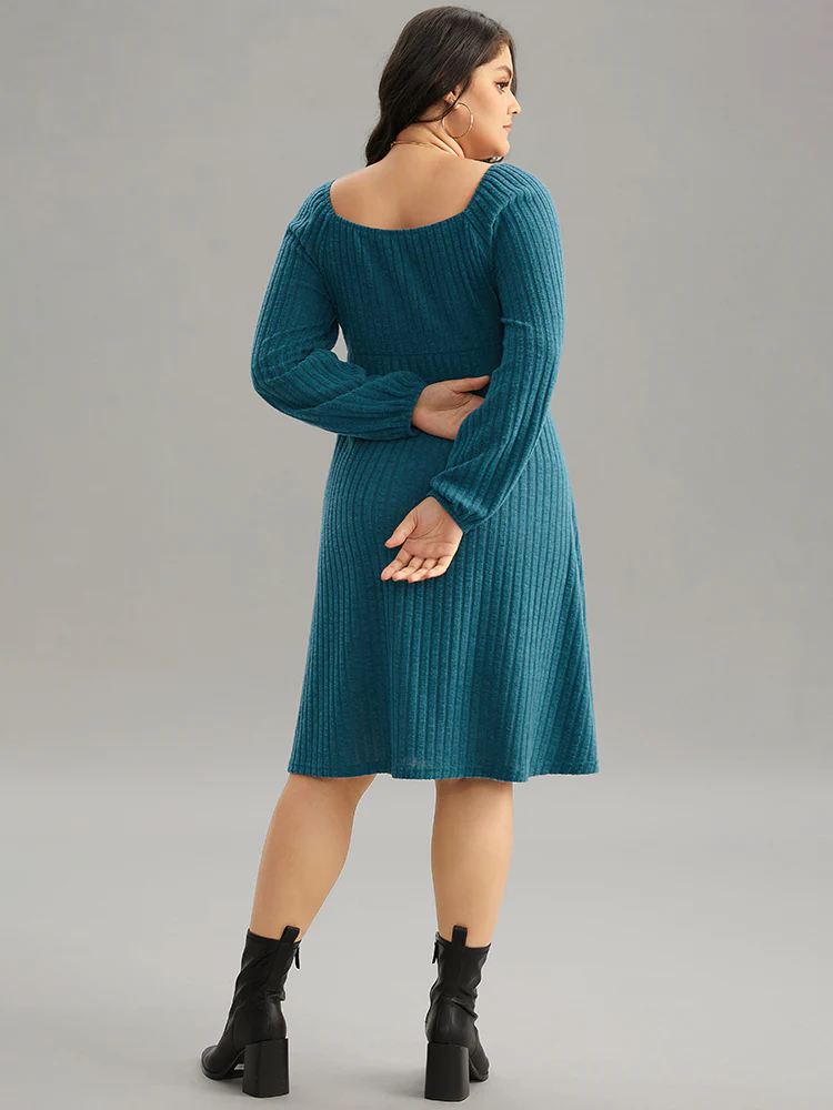 Rib Knit Ties Square Neck Lantern Sleeve Dress - Image 3