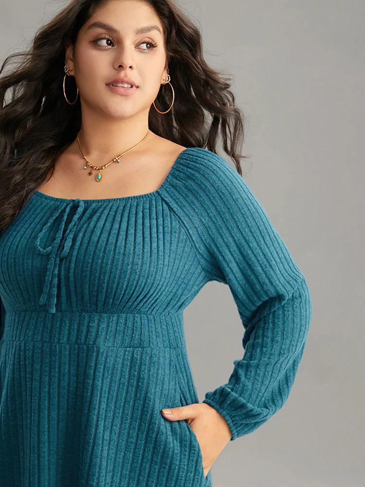 Rib Knit Ties Square Neck Lantern Sleeve Dress - Image 4