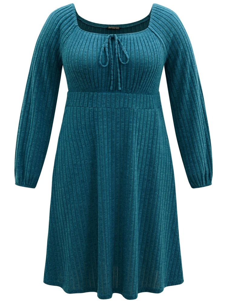 Rib Knit Ties Square Neck Lantern Sleeve Dress - Image 5