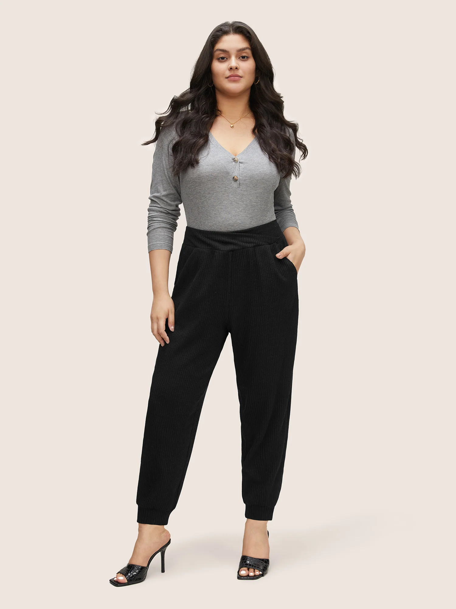 Rib Knit Wideband Waist High Rise Pants - Image 2