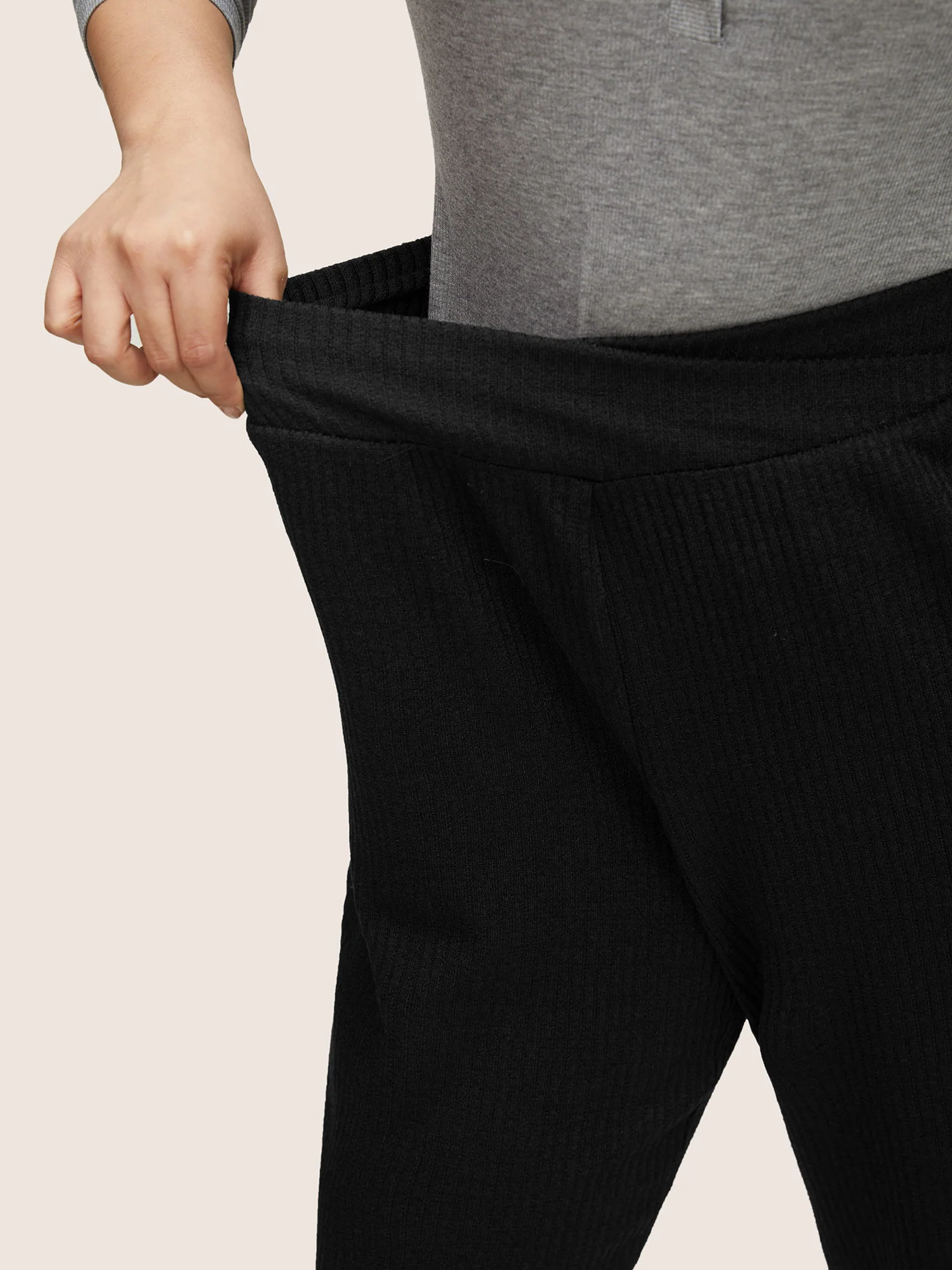 Rib Knit Wideband Waist High Rise Pants - Image 3