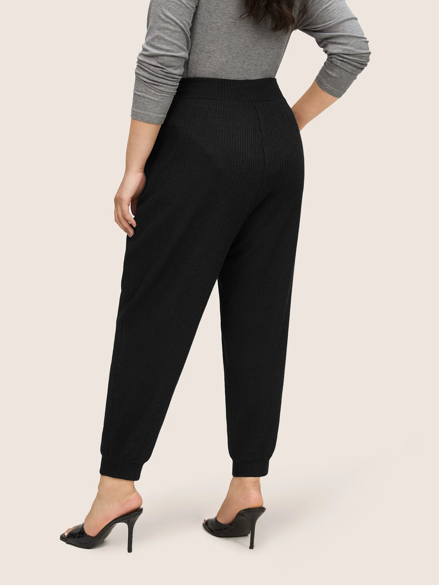 Rib Knit Wideband Waist High Rise Pants - Image 4