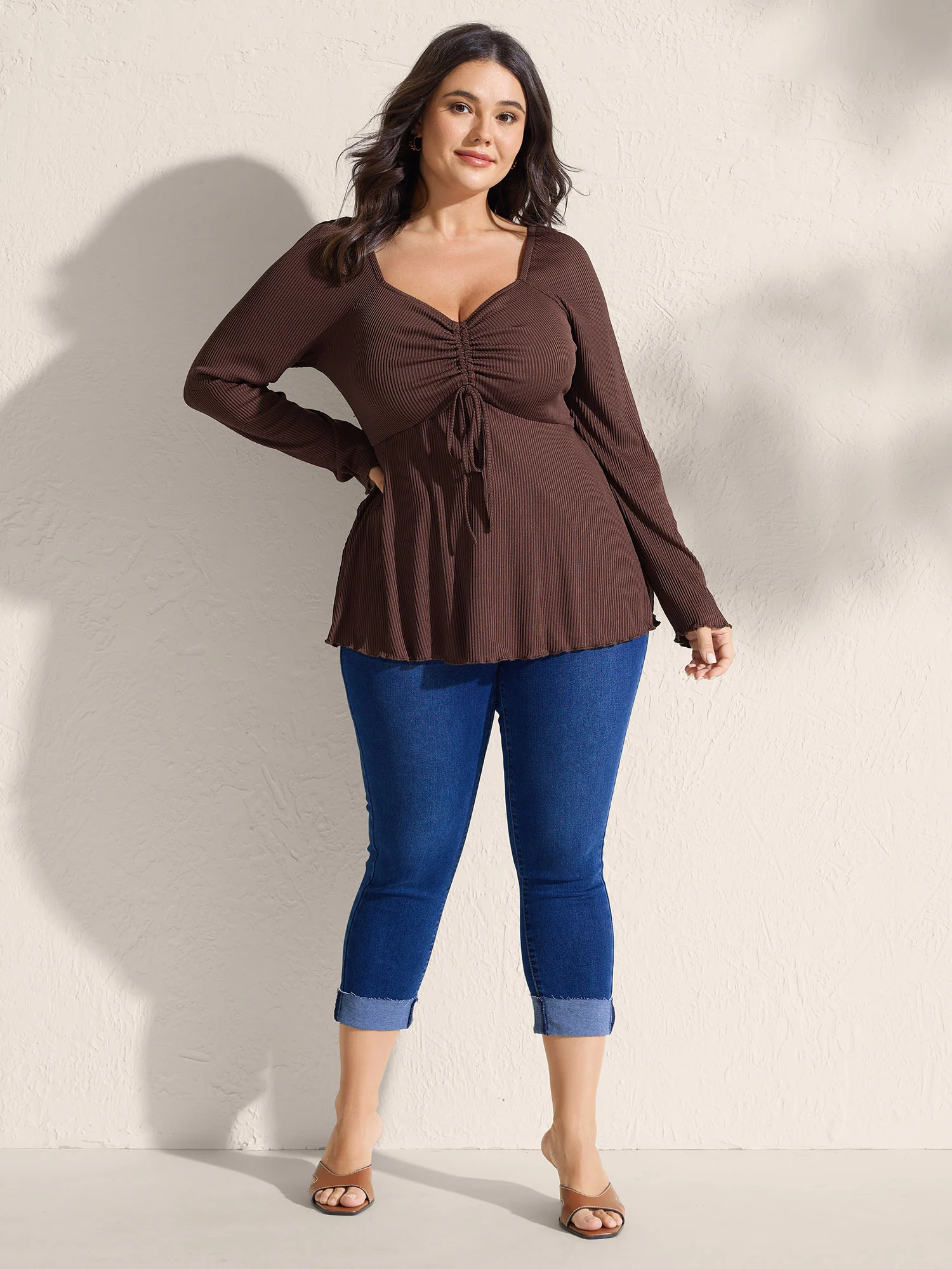 Ribbed Adjustable Drawstring Bodice Flared T-Shirt - Image 3
