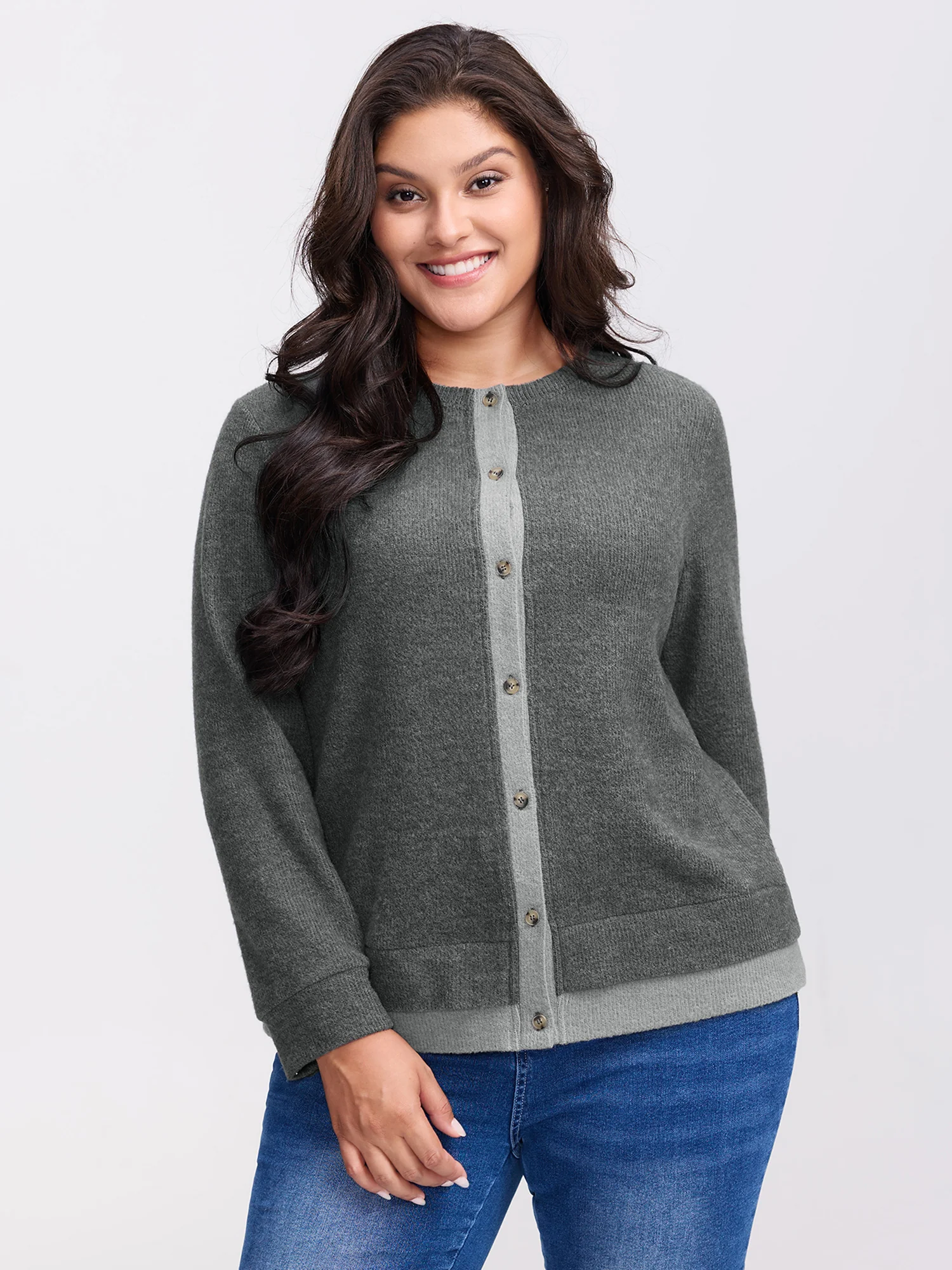 Ribbed Button Color Contrast Knit Top