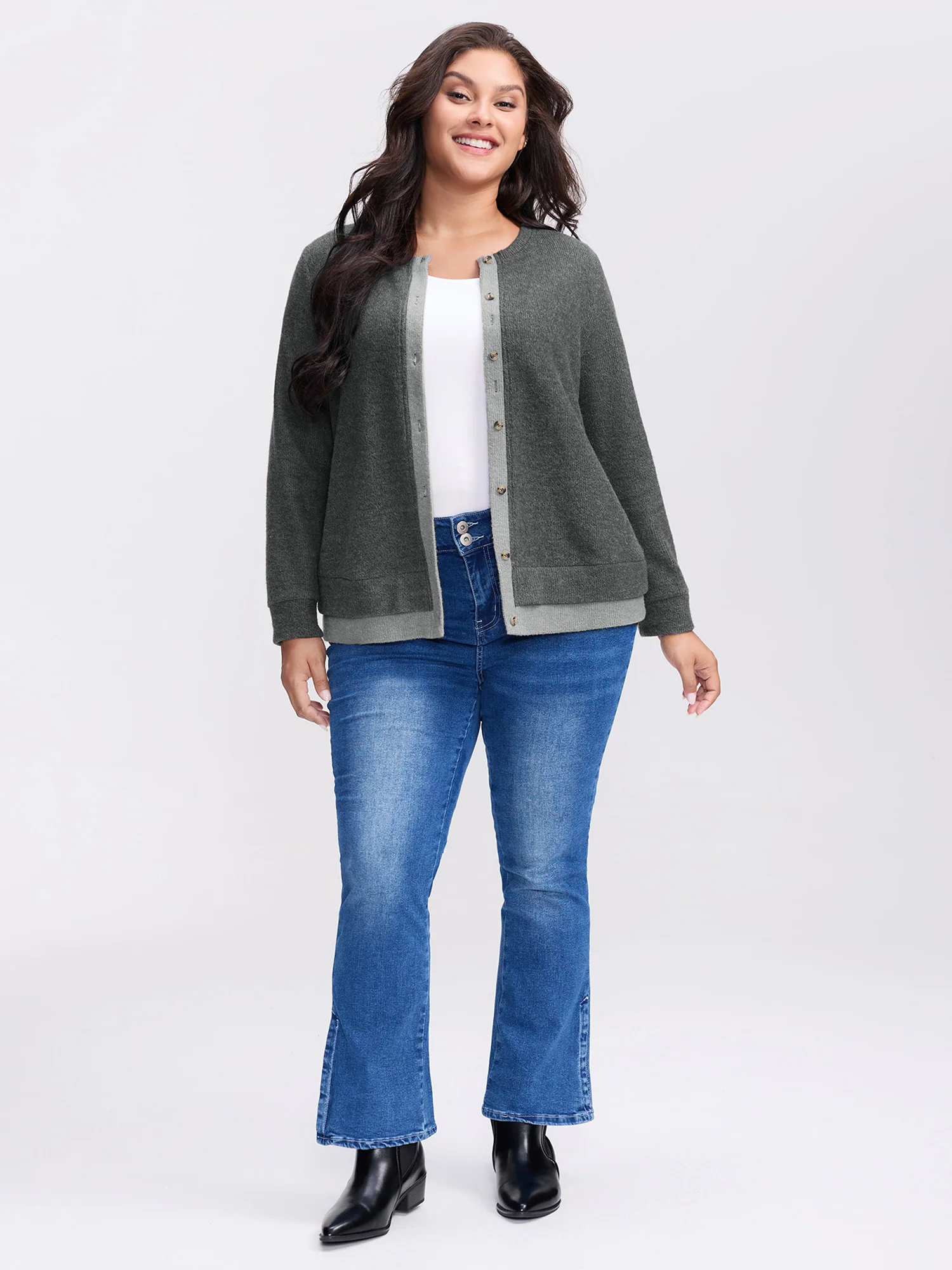 Ribbed Button Color Contrast Knit Top - Image 3