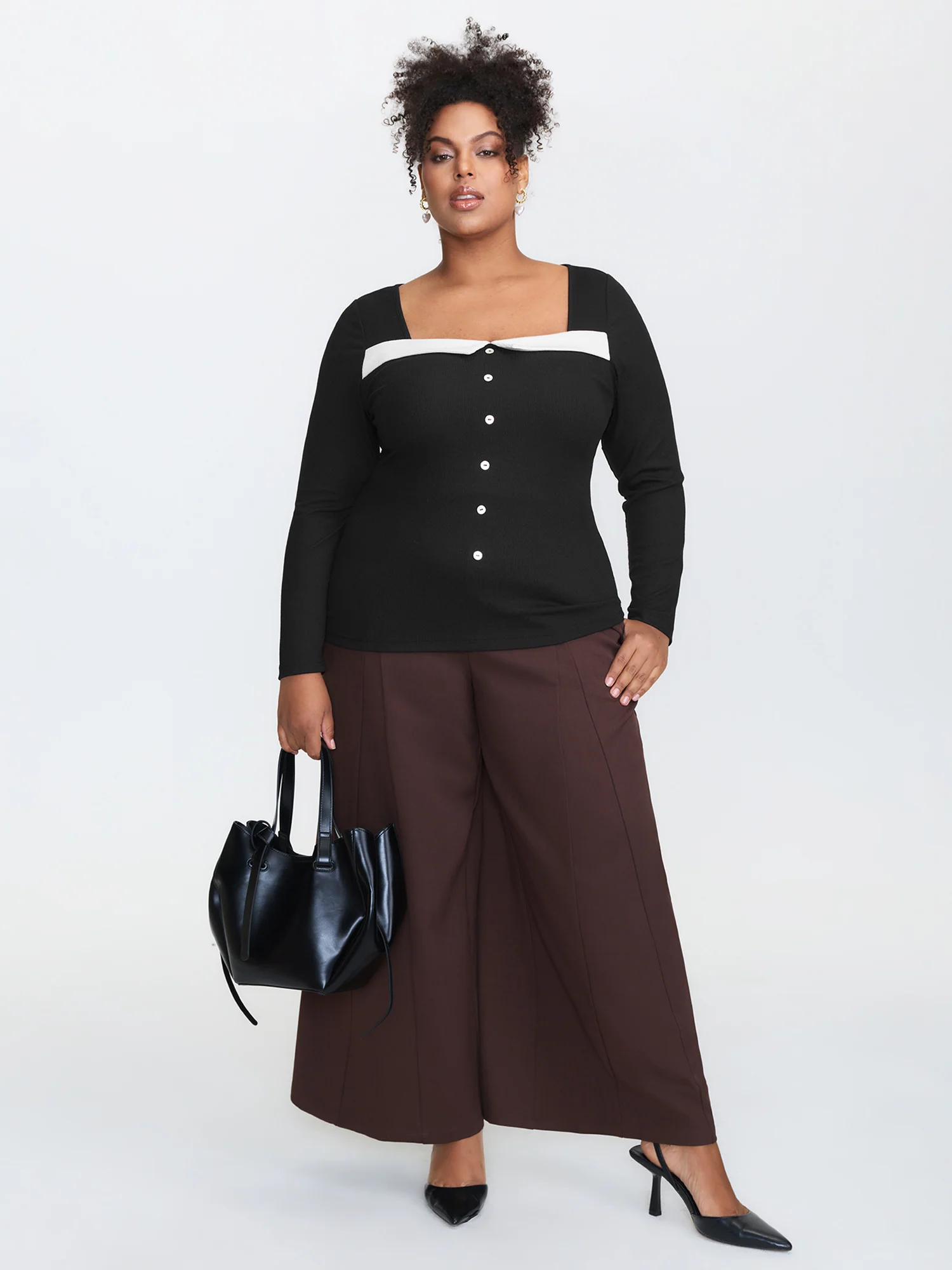 Ribbed Button Front Color Contrast Knit Top - Image 2