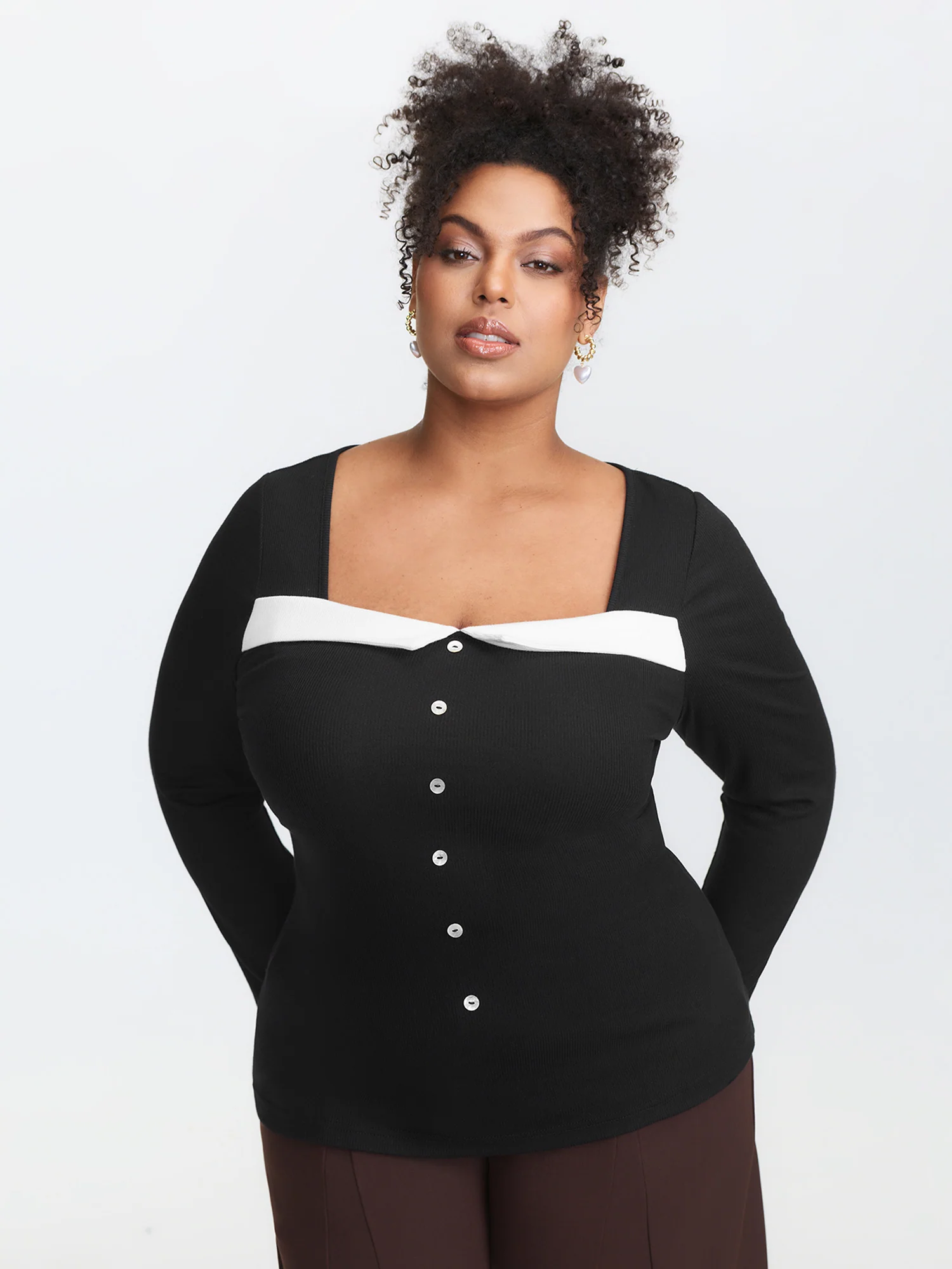 Ribbed Button Front Color Contrast Knit Top - Image 3