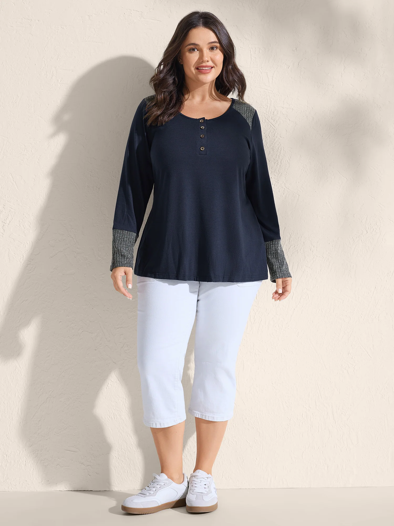 Supersoft Ribbed Button Neckline Fitted T-Shirt - Image 3