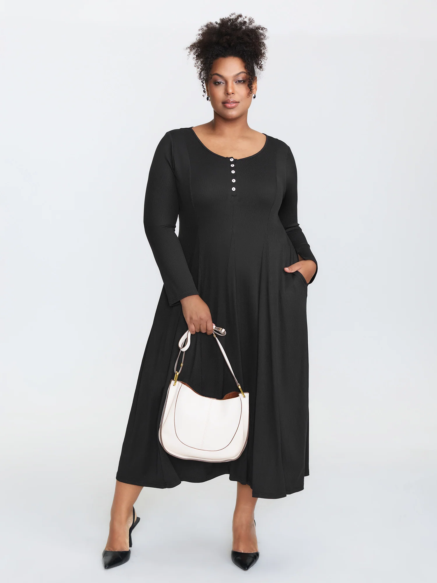 Ribbed Button Placket Pockets Midi Dress - Image 2