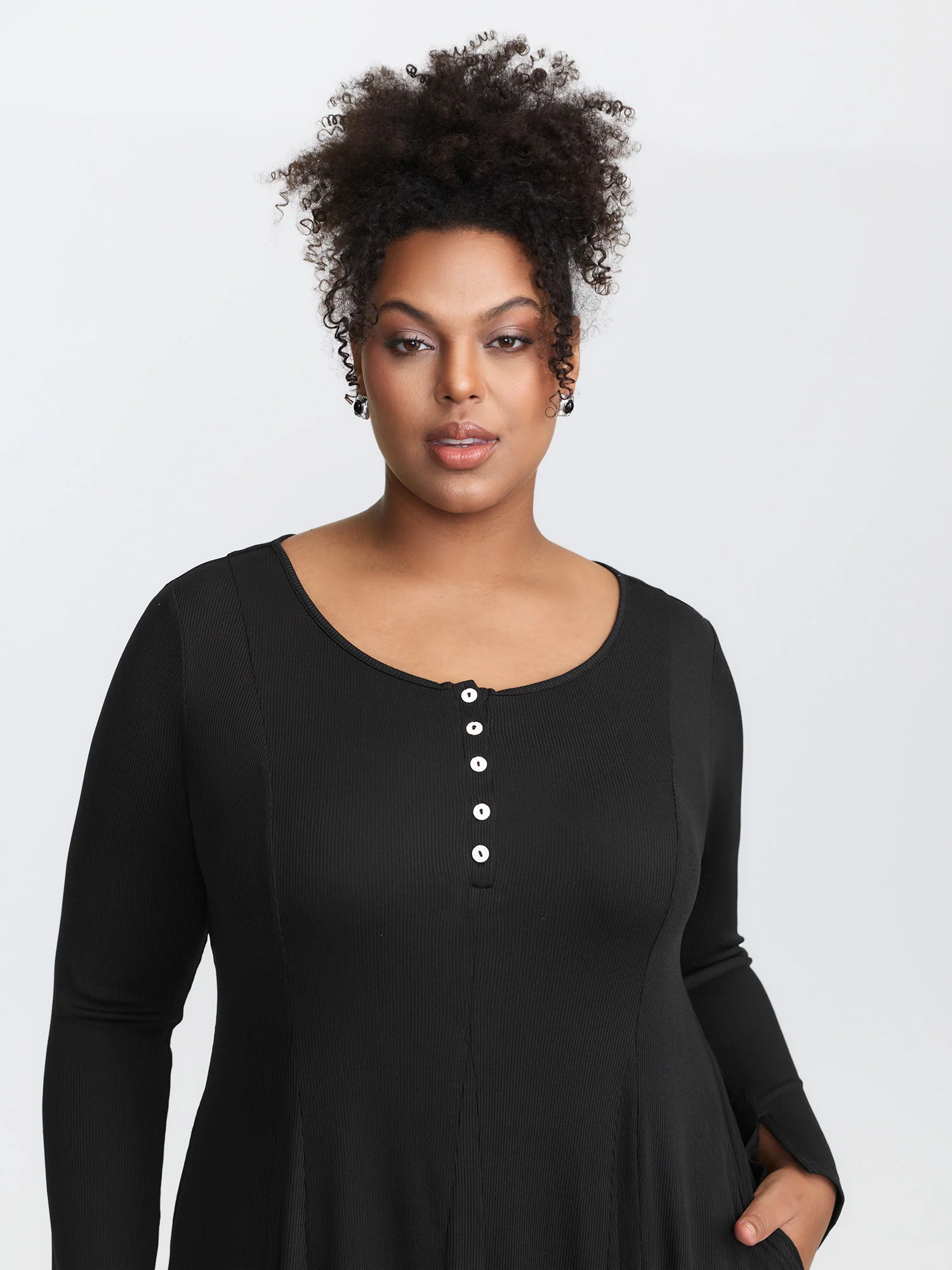 Ribbed Button Placket Pockets Midi Dress - Image 3