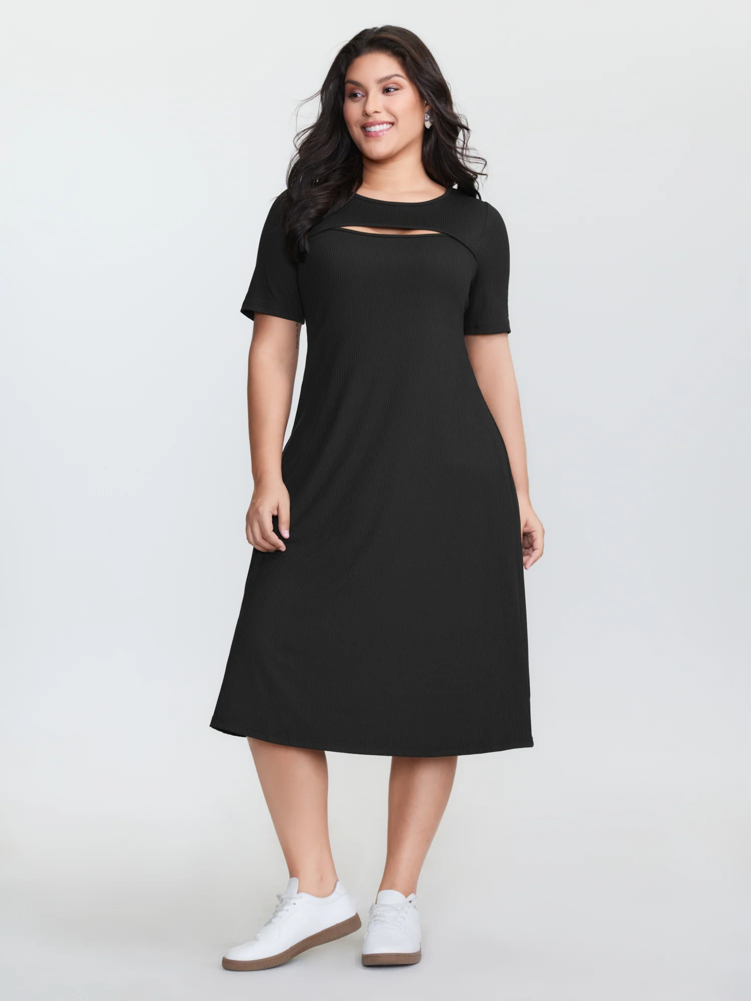Ribbed Cut-Out Neckline Midi Dress - Image 2