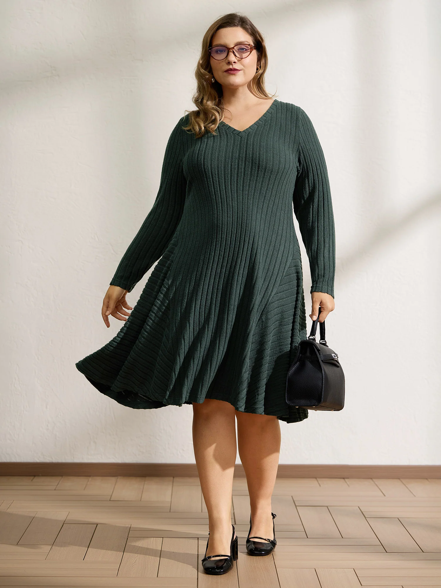 Ribbed Fleece V-Neck Knit Midi Dress - Image 3