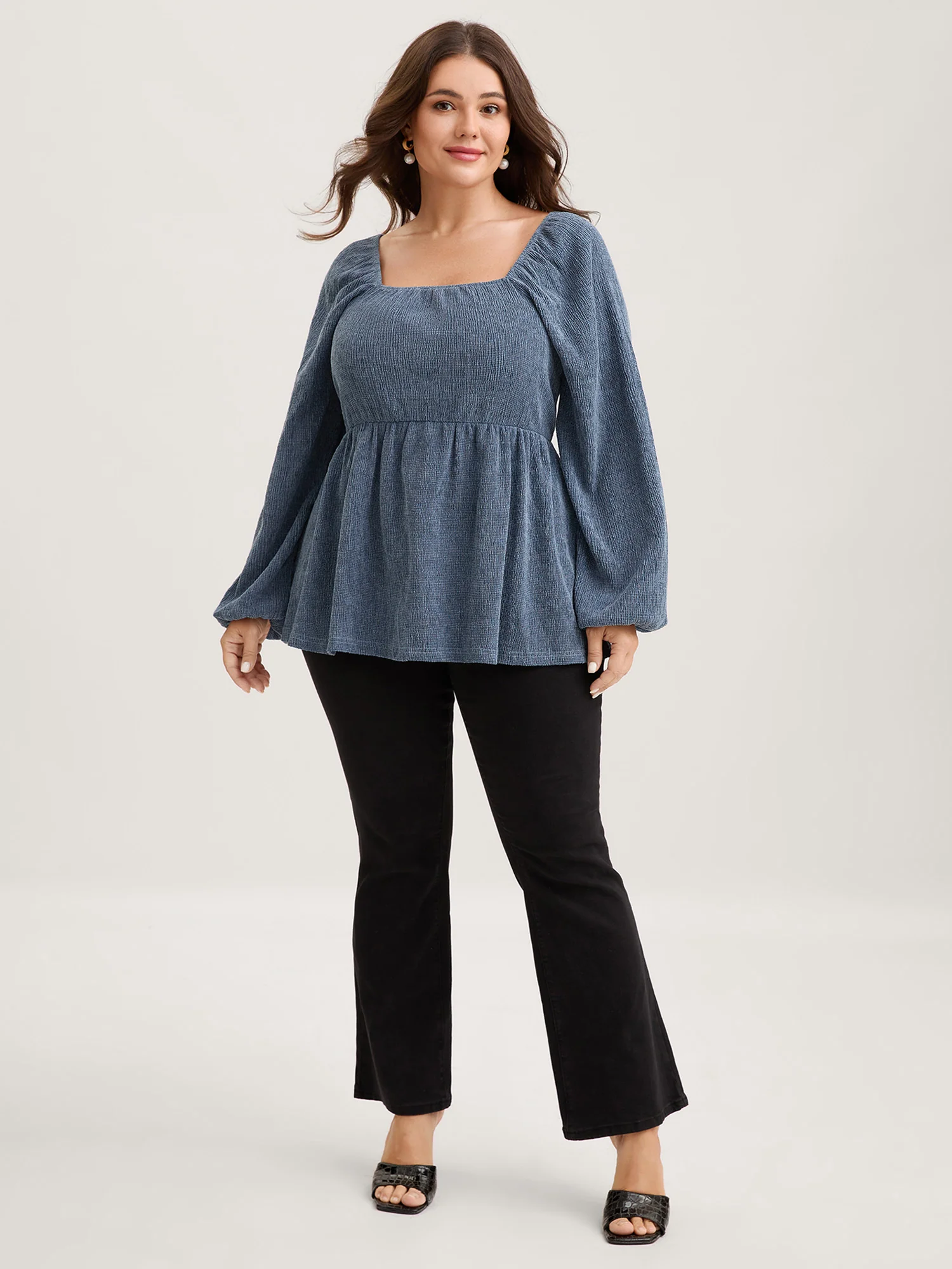 Ribbed Gathered Square Neck Knit Top - Image 3