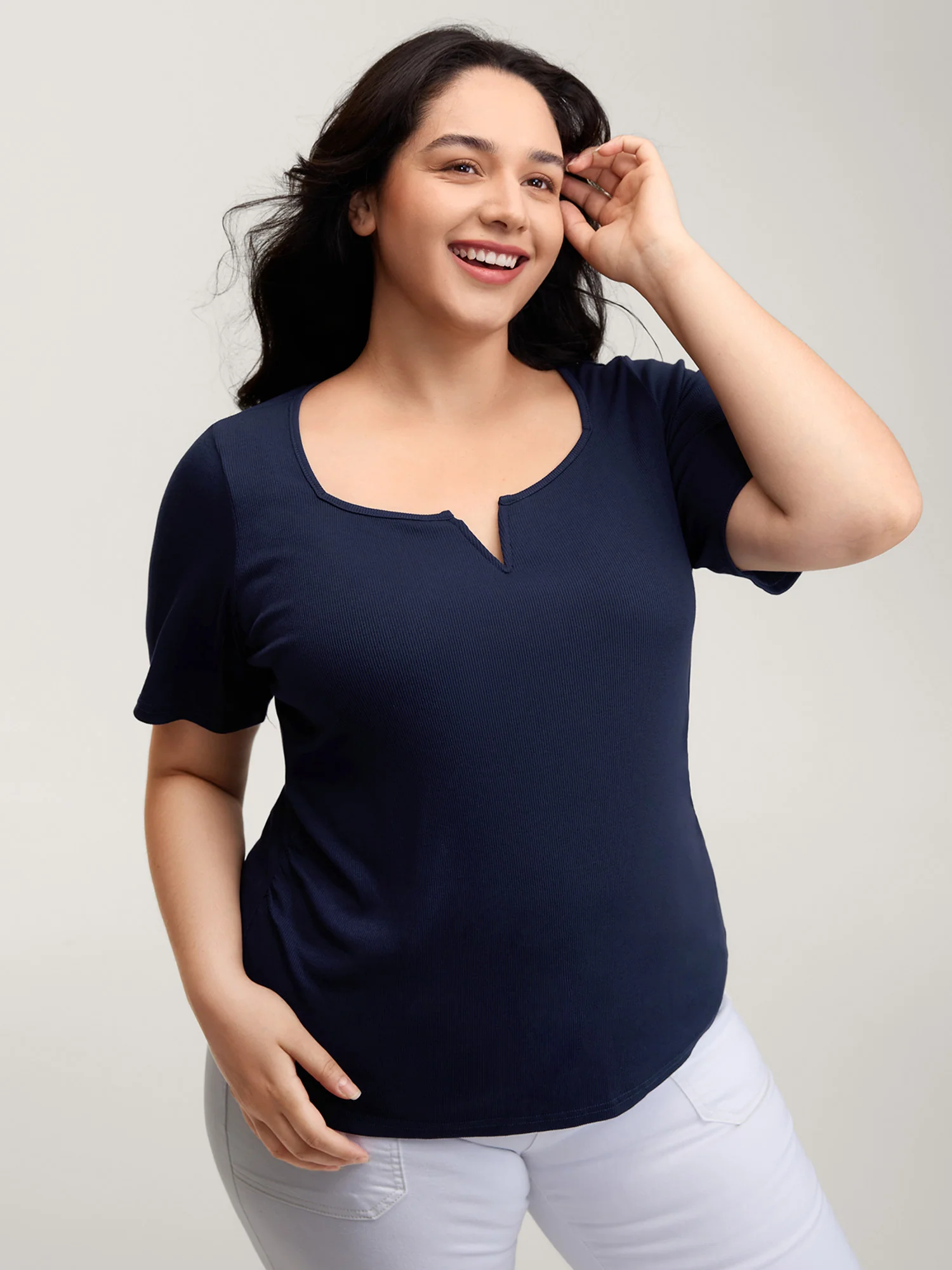 Ribbed High Stretch Split Neck T-Shirt - Image 2