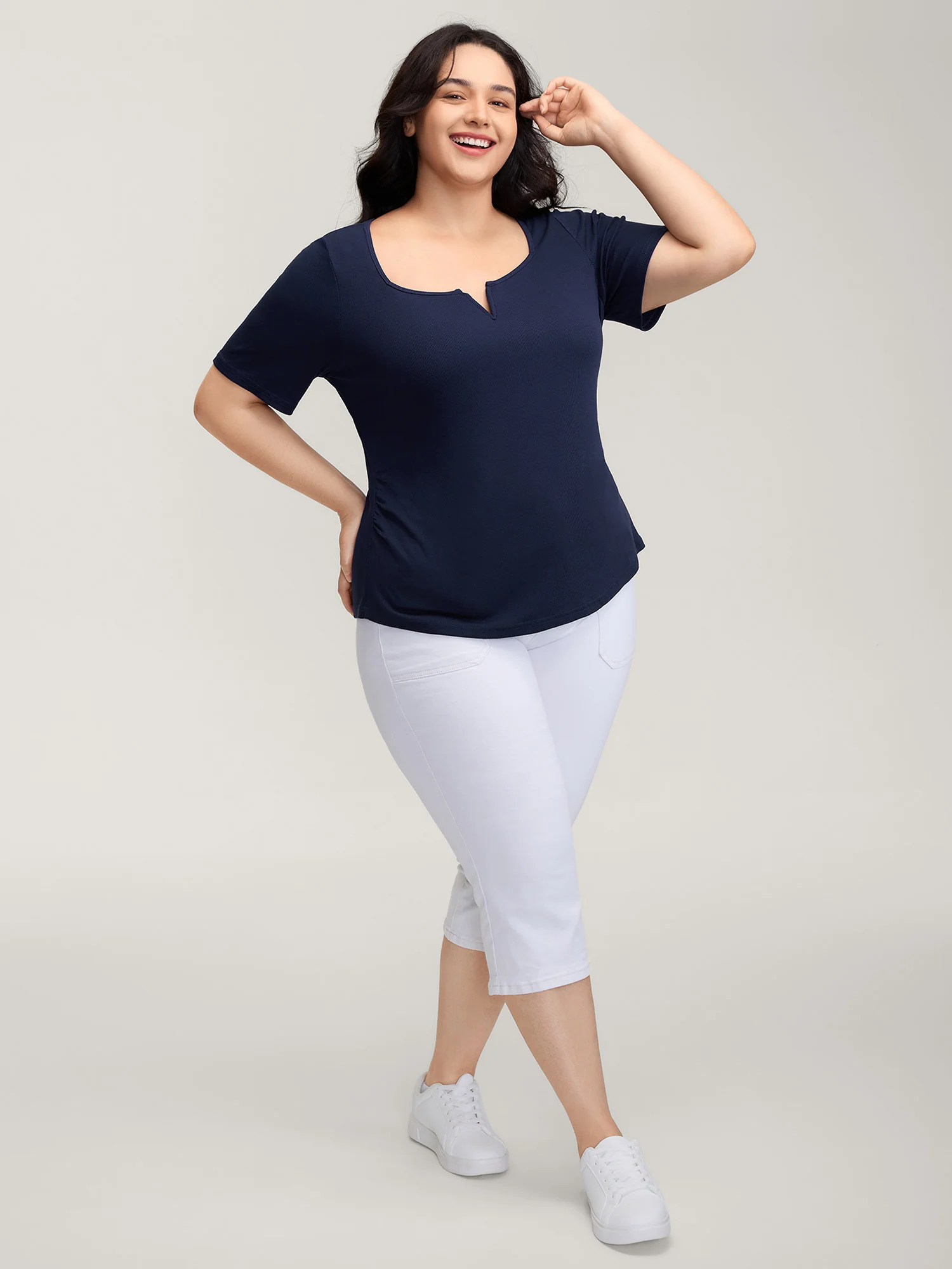 Ribbed High Stretch Split Neck T-Shirt - Image 3