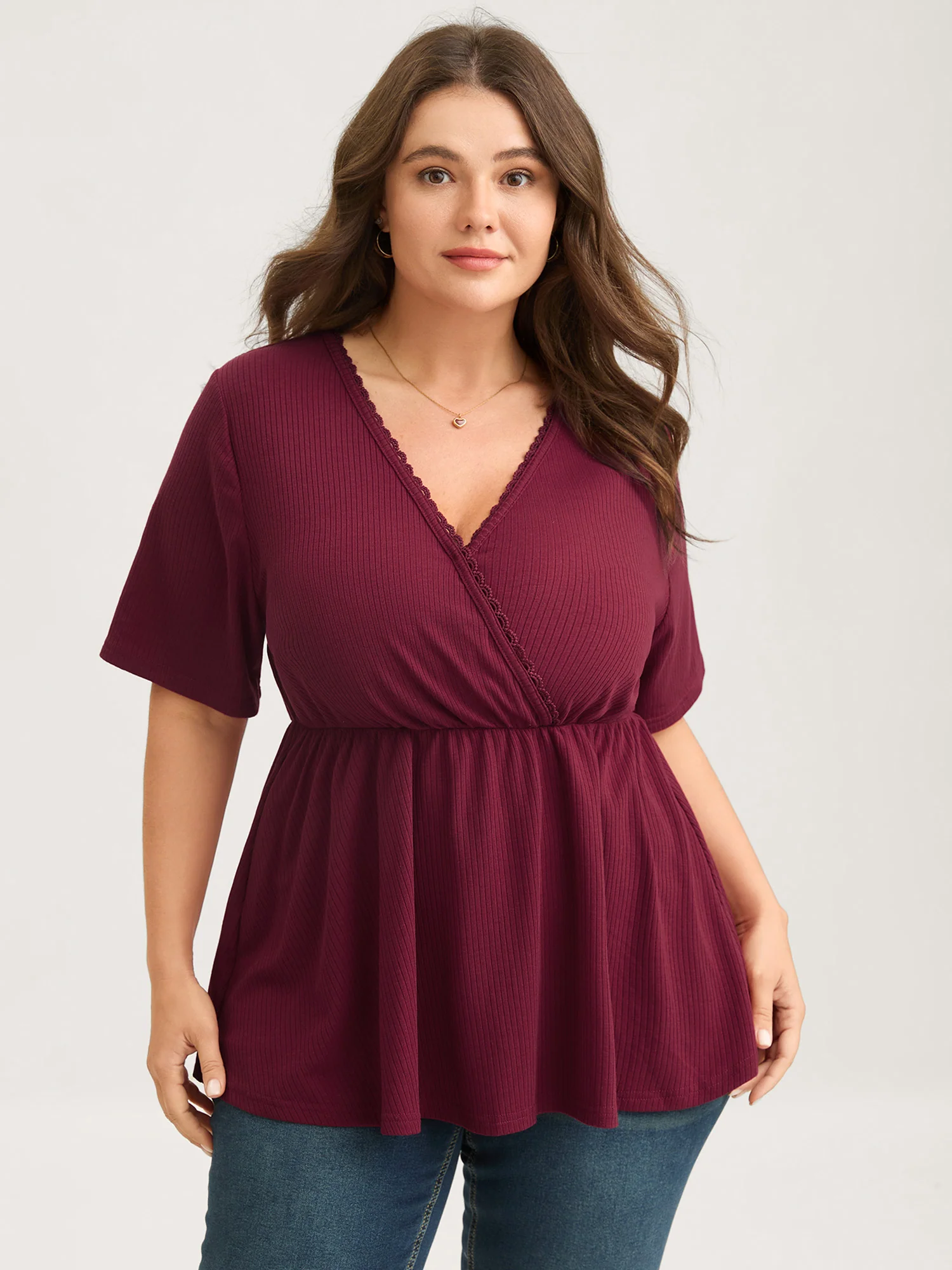 Ribbed Lace Surplice Flared Solid Blouse - Image 2
