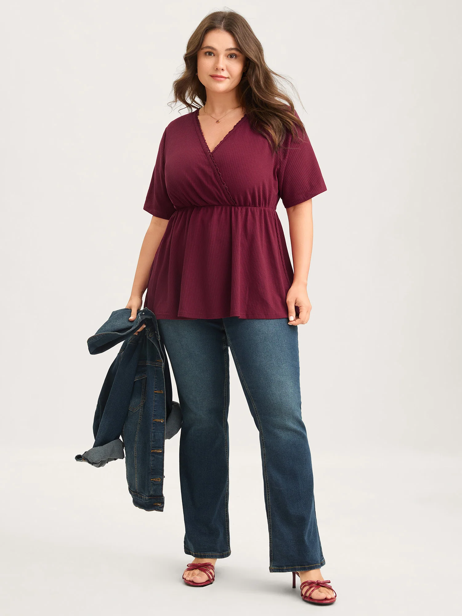 Ribbed Lace Surplice Flared Solid Blouse - Image 3