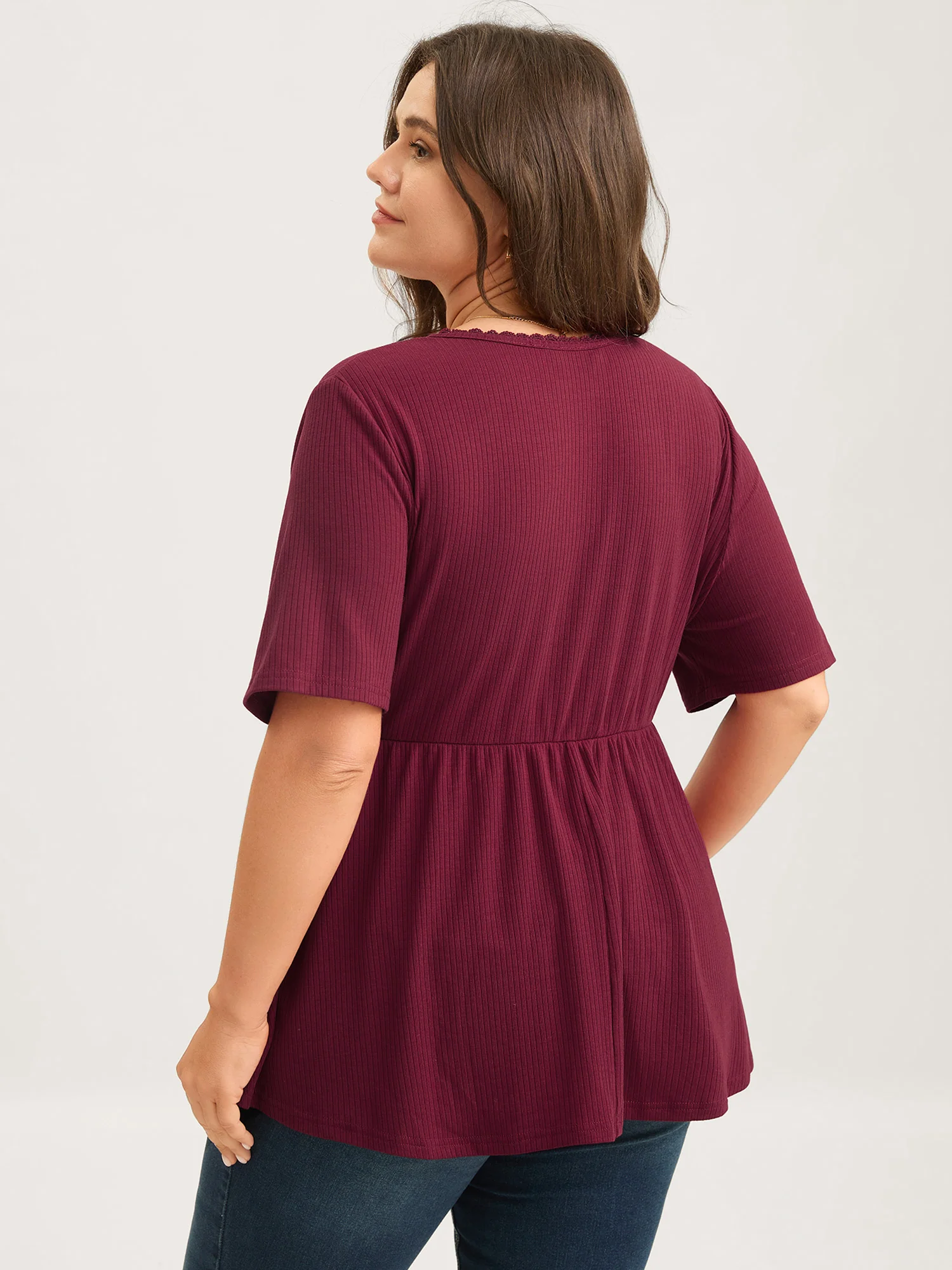 Ribbed Lace Surplice Flared Solid Blouse - Image 4