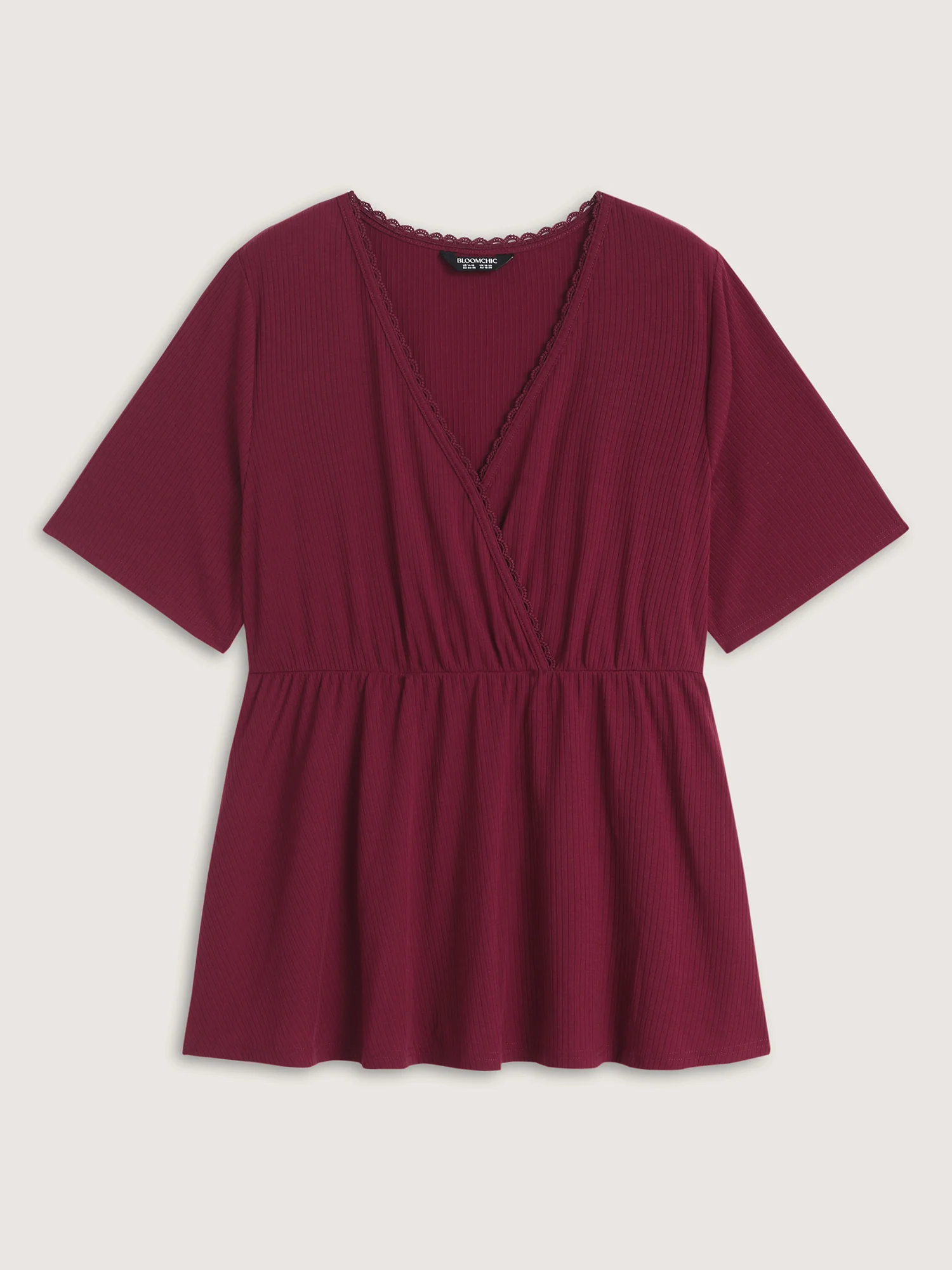 Ribbed Lace Surplice Flared Solid Blouse - Image 6