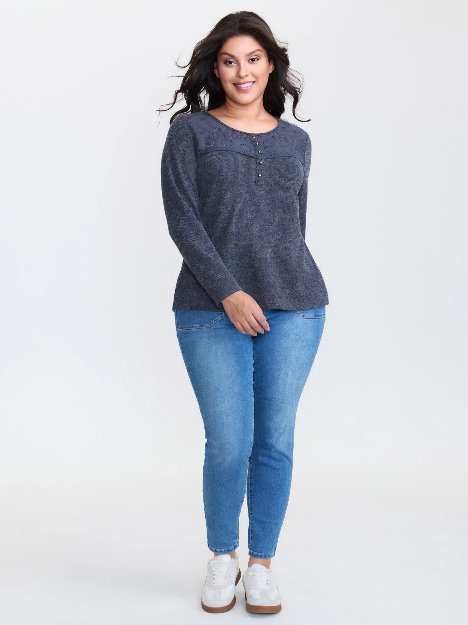 Ribbed Lace Trim Button Detail T-Shirt - Image 2