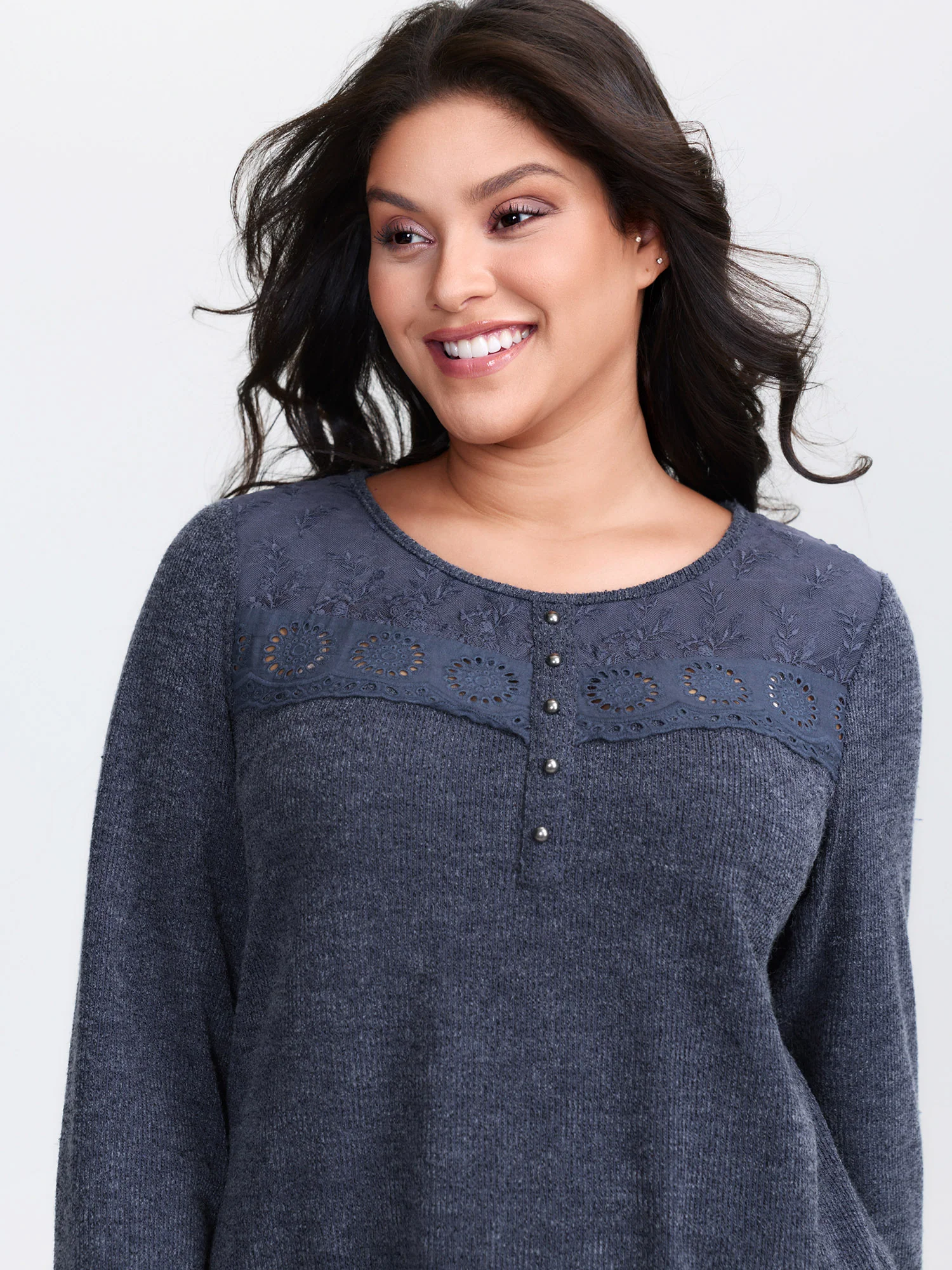 Ribbed Lace Trim Button Detail T-Shirt - Image 3