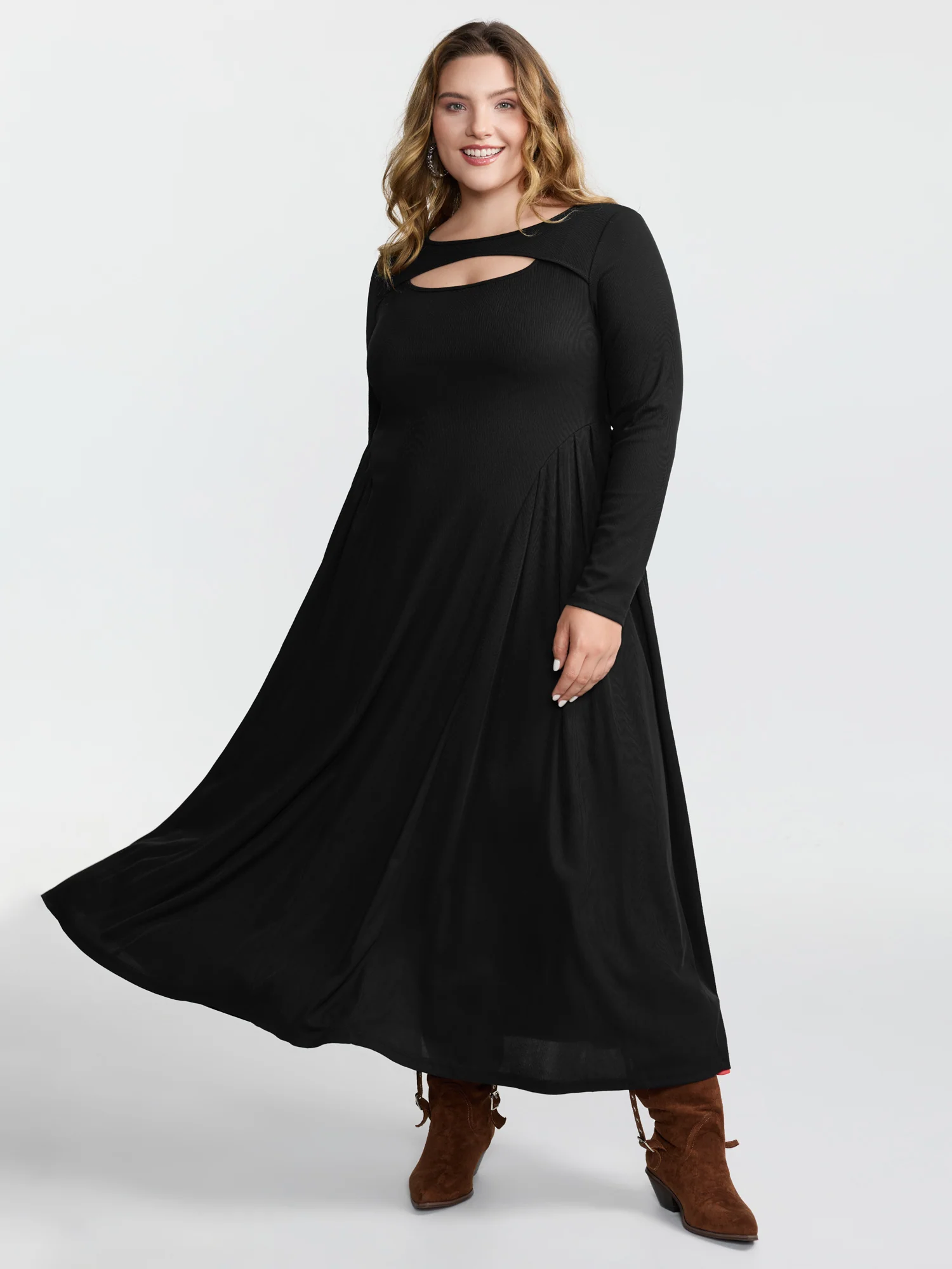 Ribbed Pleated Neck Cut-Out Knit Dress - Image 2