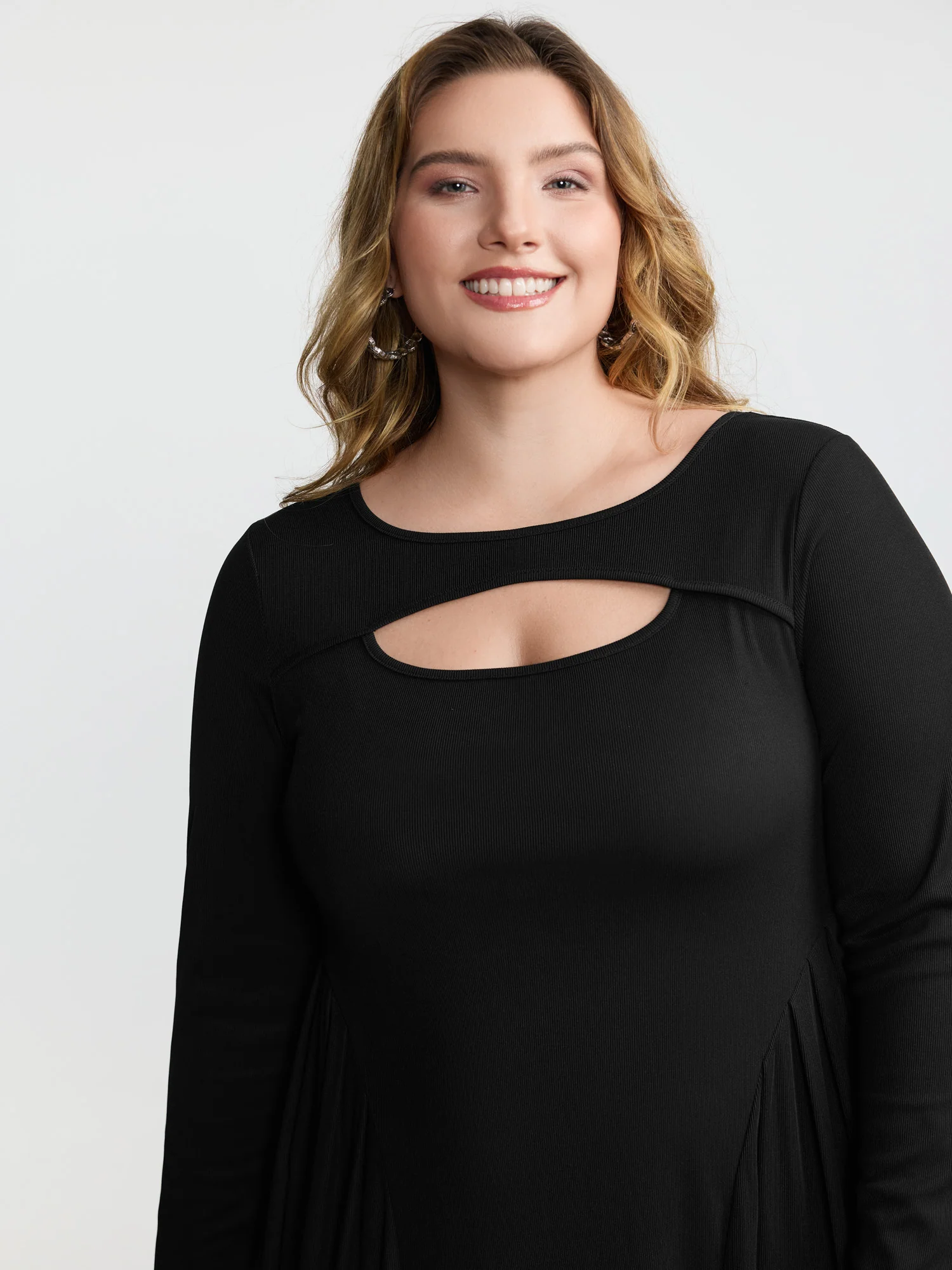 Ribbed Pleated Neck Cut-Out Knit Dress - Image 3