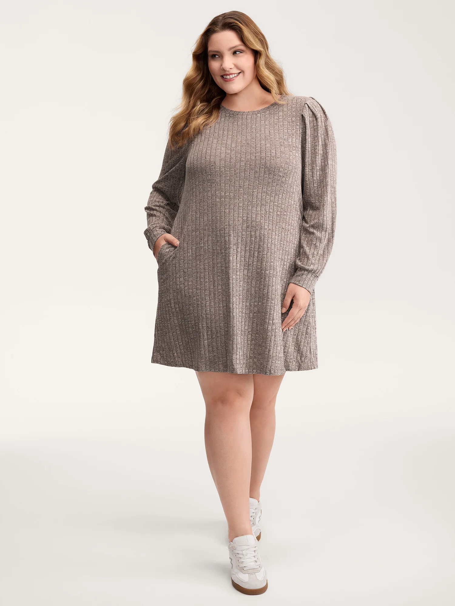Ribbed Puffy Sleeve Knee-Length Sweater Dress - Image 3