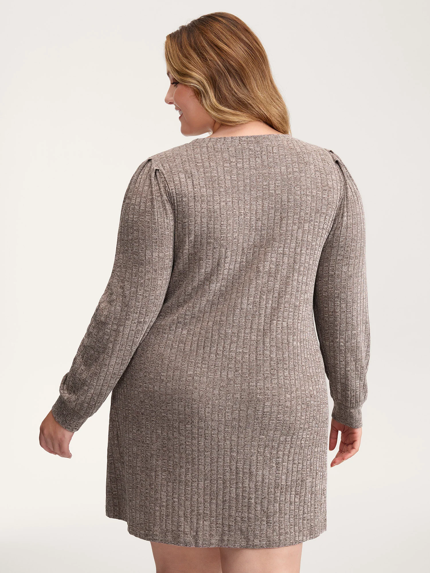 Ribbed Puffy Sleeve Knee-Length Sweater Dress - Image 4