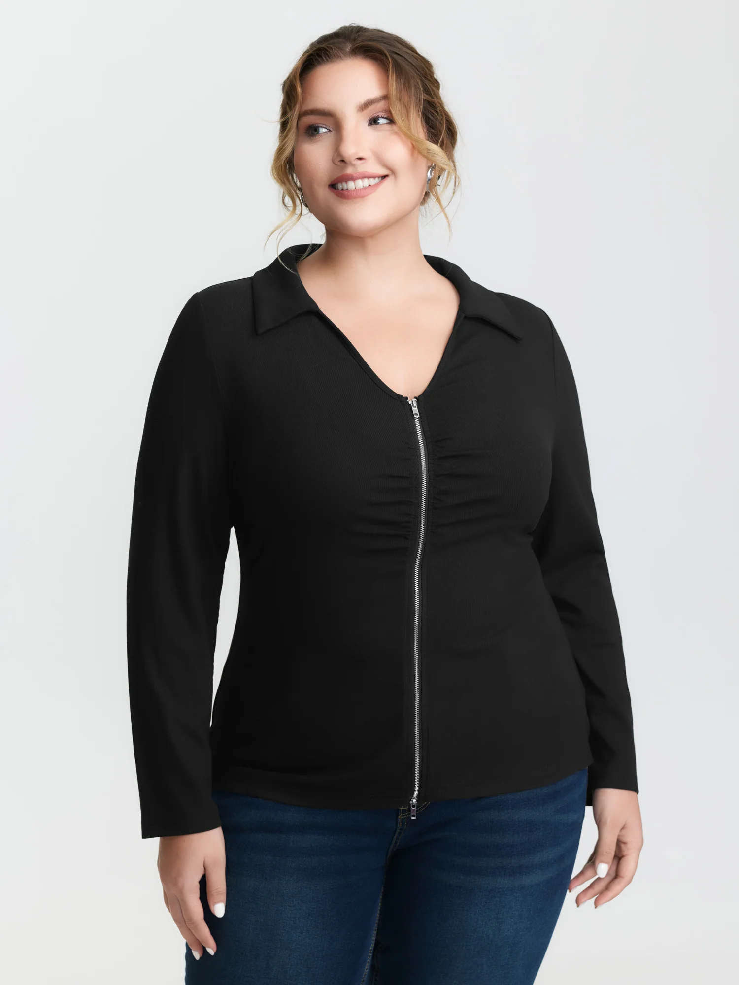Ribbed Ruched Two-Way Zipper Knit Top - Image 2