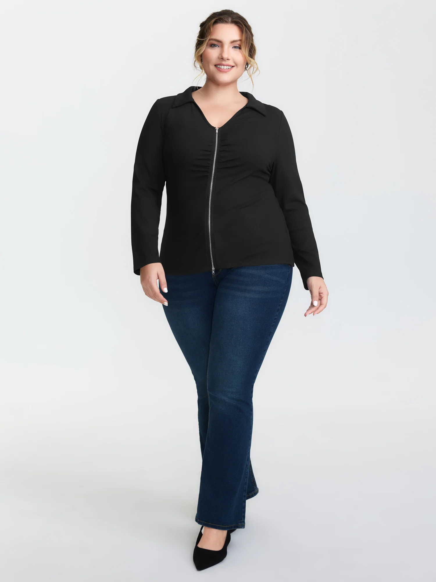 Ribbed Ruched Two-Way Zipper Knit Top - Image 3