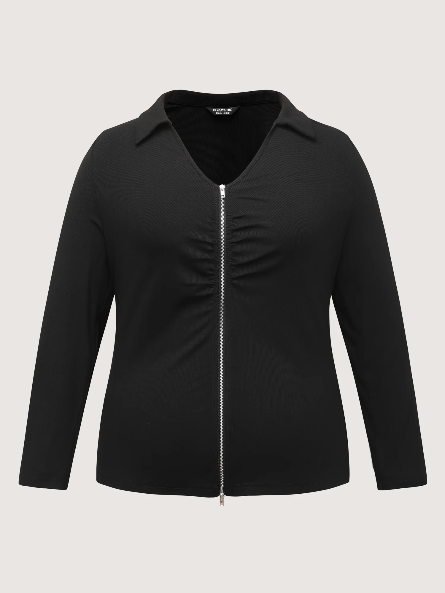 Ribbed Ruched Two-Way Zipper Knit Top - Image 8