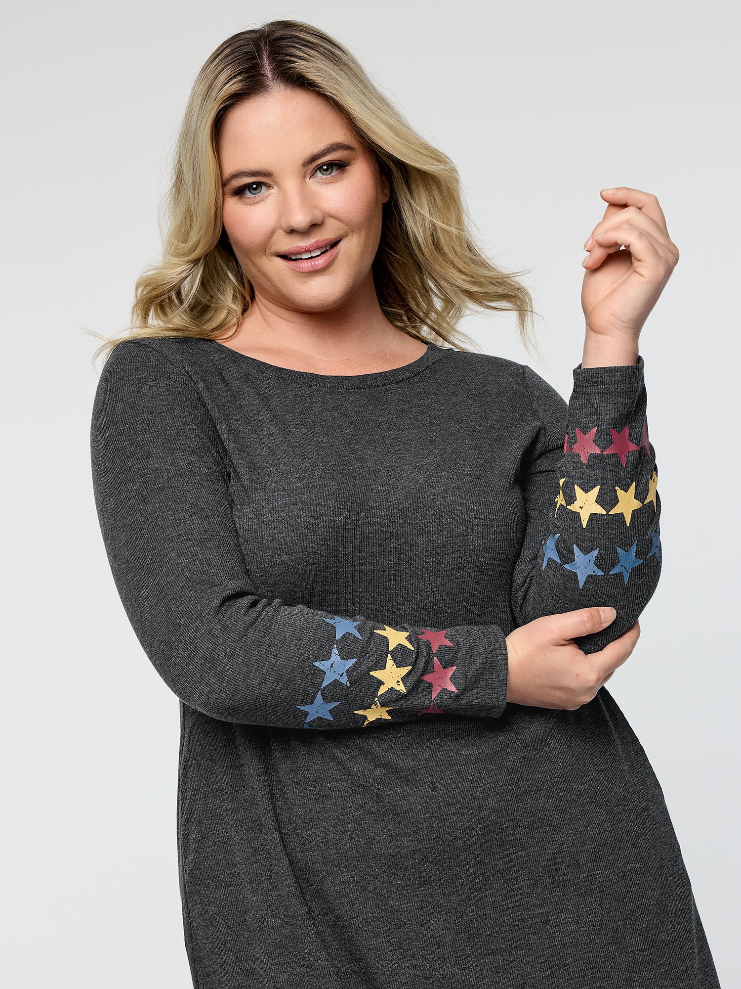 Ribbed Star Print Sleeve Pockets Midi Dress - Image 2