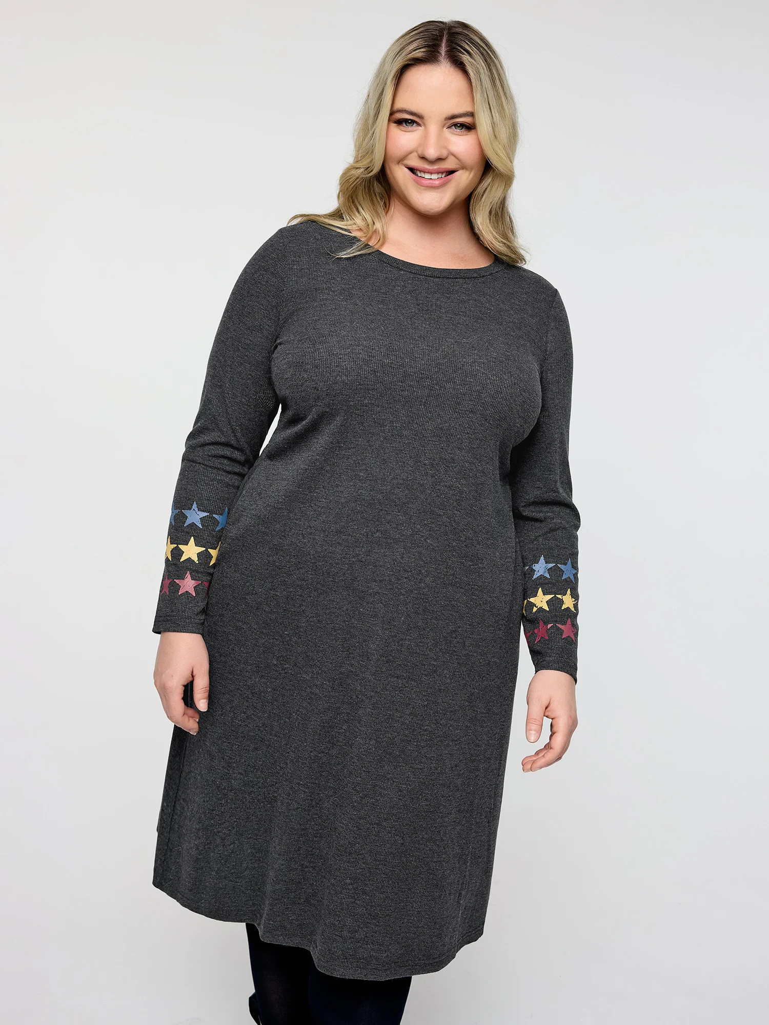 Ribbed Star Print Sleeve Pockets Midi Dress - Image 3