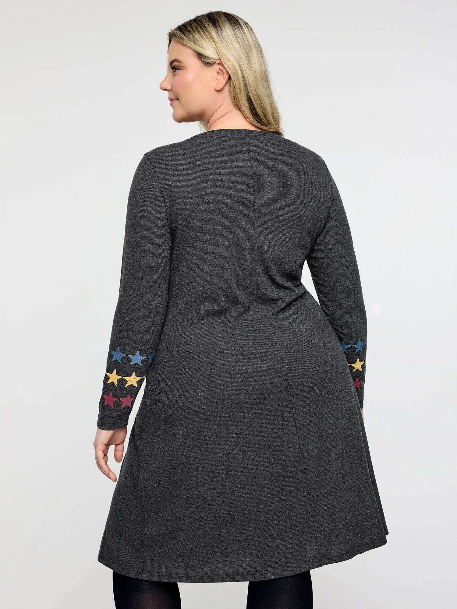 Ribbed Star Print Sleeve Pockets Midi Dress - Image 4